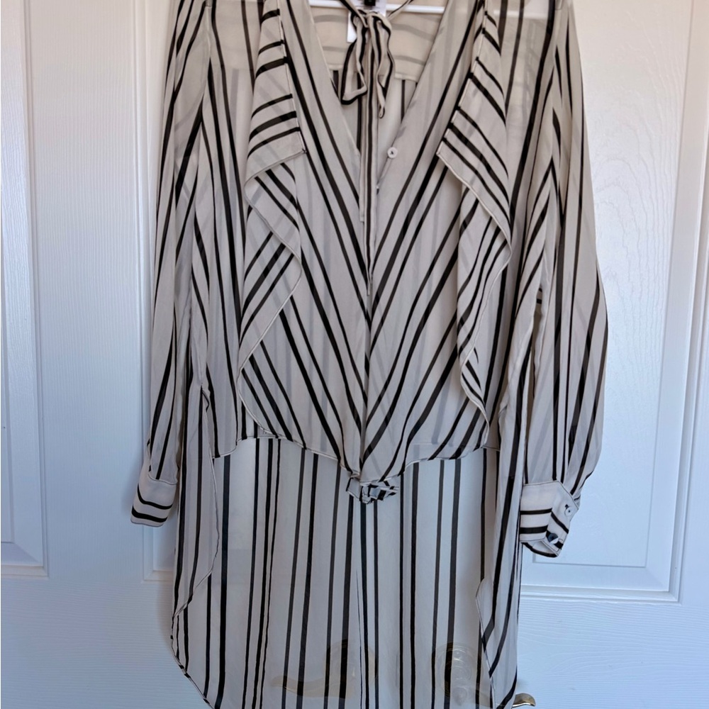 BCBGMaxAzria Black and Cream Striped Tie-Neck Blouse
